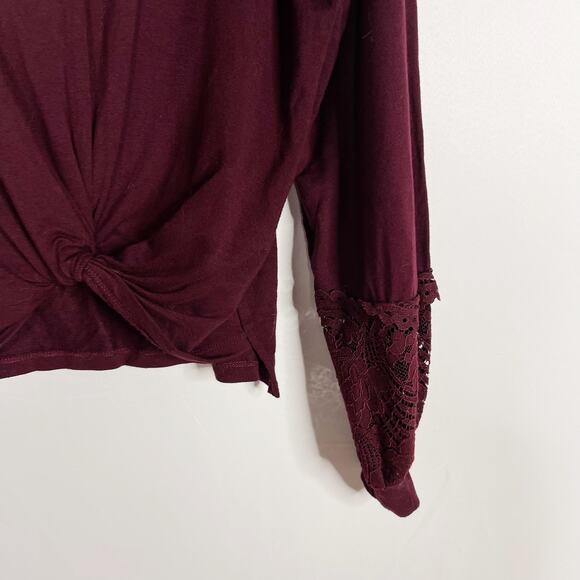Alya Burgundy Red 2XS XXS Twist Front Lace Inset Long Sleeve Top Modal Stretch - Picture 3 of 9